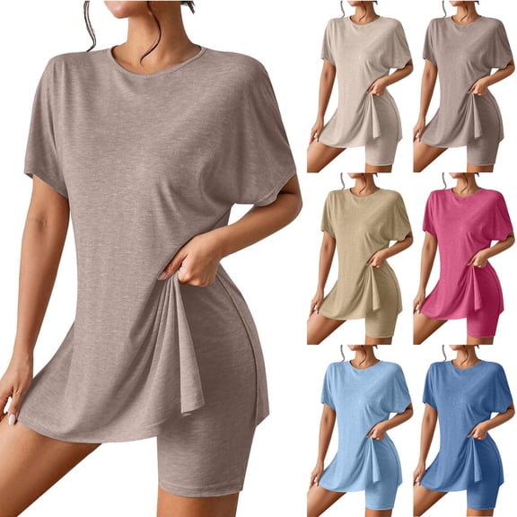 yillto Women Short Set Summer Lounge 2 Piece Oversized Short Sleeve Shirts and Biker Shorts Casual Outfits