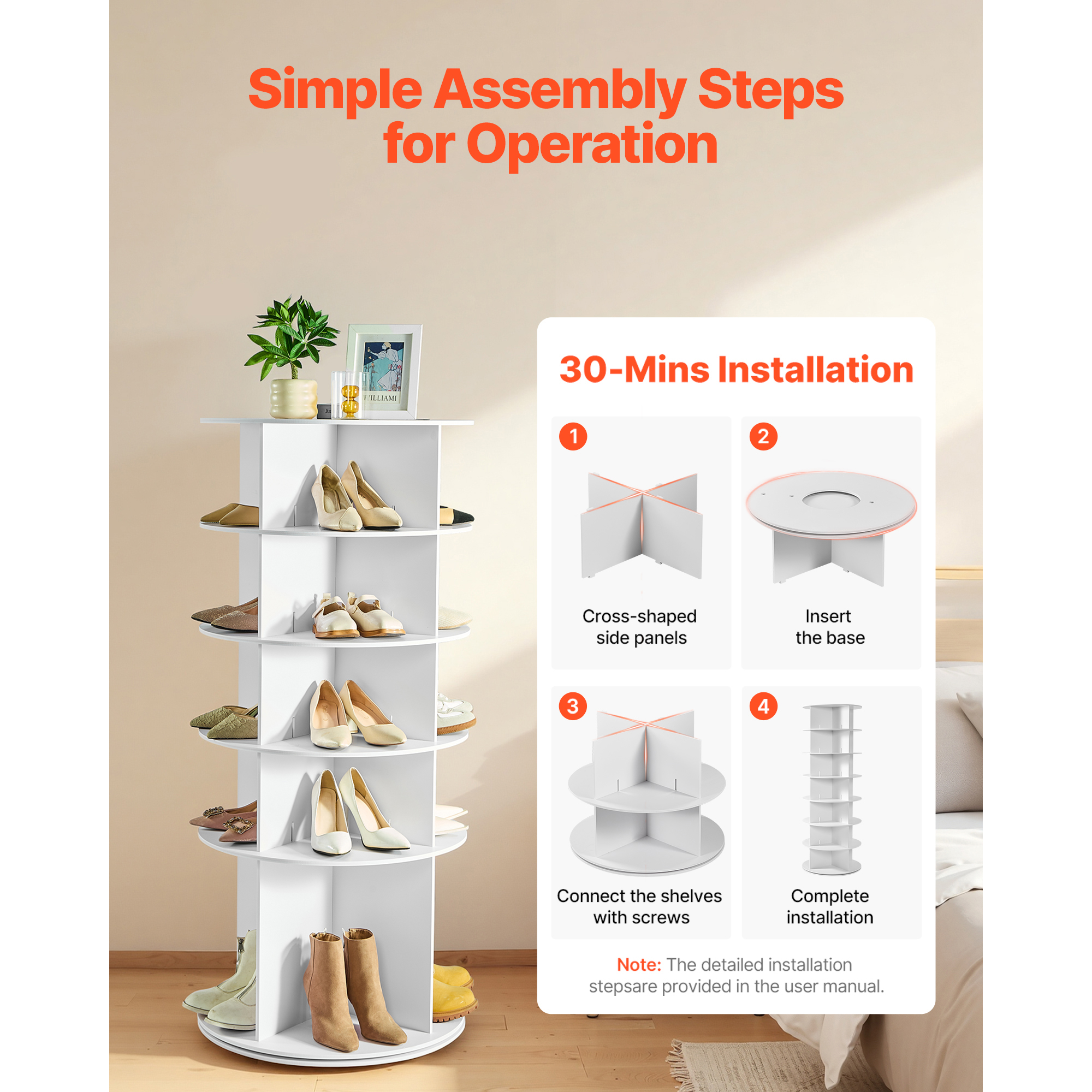 KFFKFF 5-Tier Rotating Shoe Rack Tower, 360° Spinning Organizer, Freestanding Round Carousel Storage for Shoes, Ideal for Bedroom, Living Room, Entryway, Closet, White