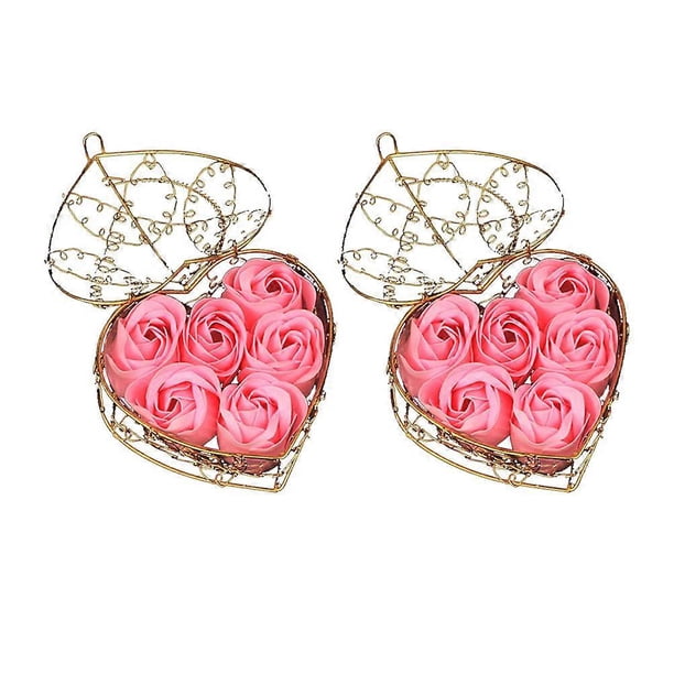 2 Sets Simulation Rose Flower Soap Rose Bouquet Ornament Flower Adornment Valentine's Day Gift for Women Ladies with Iron Basket (Pink)