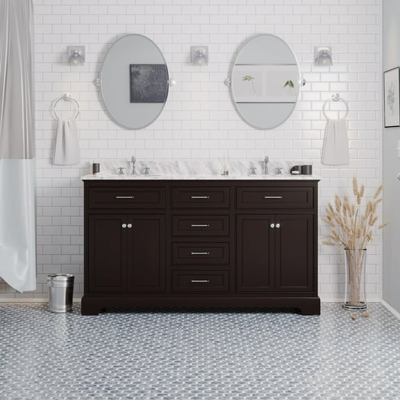 Aria 60" Double Bathroom Vanity with Chocolate Cabinet and Carrara Marble Top