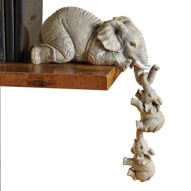 Figuras de elefantes sentados en el borde, madre elefante colgando 2 elefantes bebés, figuras coleccionables de resina (elefante de resina)