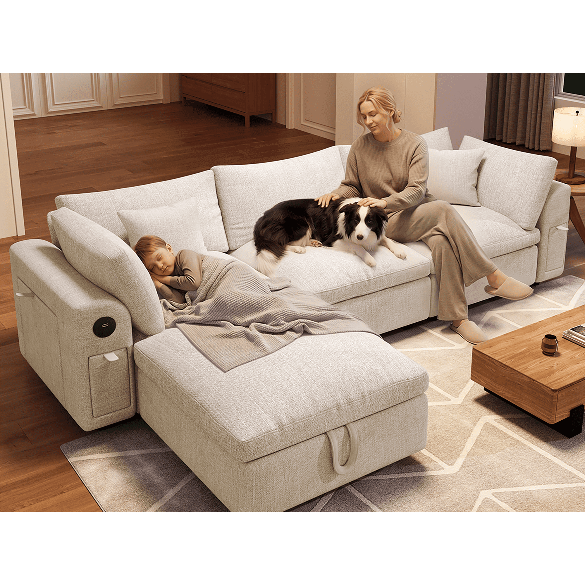 BINBANK Luxurious Cloud Modular Sectional Sofa, Modern Chenille Couch L-Shaped with Storage Ottoman, USB Type-C Ports & Cup Holders for Living Room