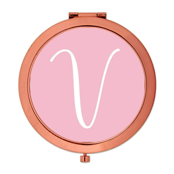 Koyal Wholesale Rose Gold Compact Mirror Bridesmaid's Wedding Gift, Blush Pink, Monogram Letter V, 1-Pack