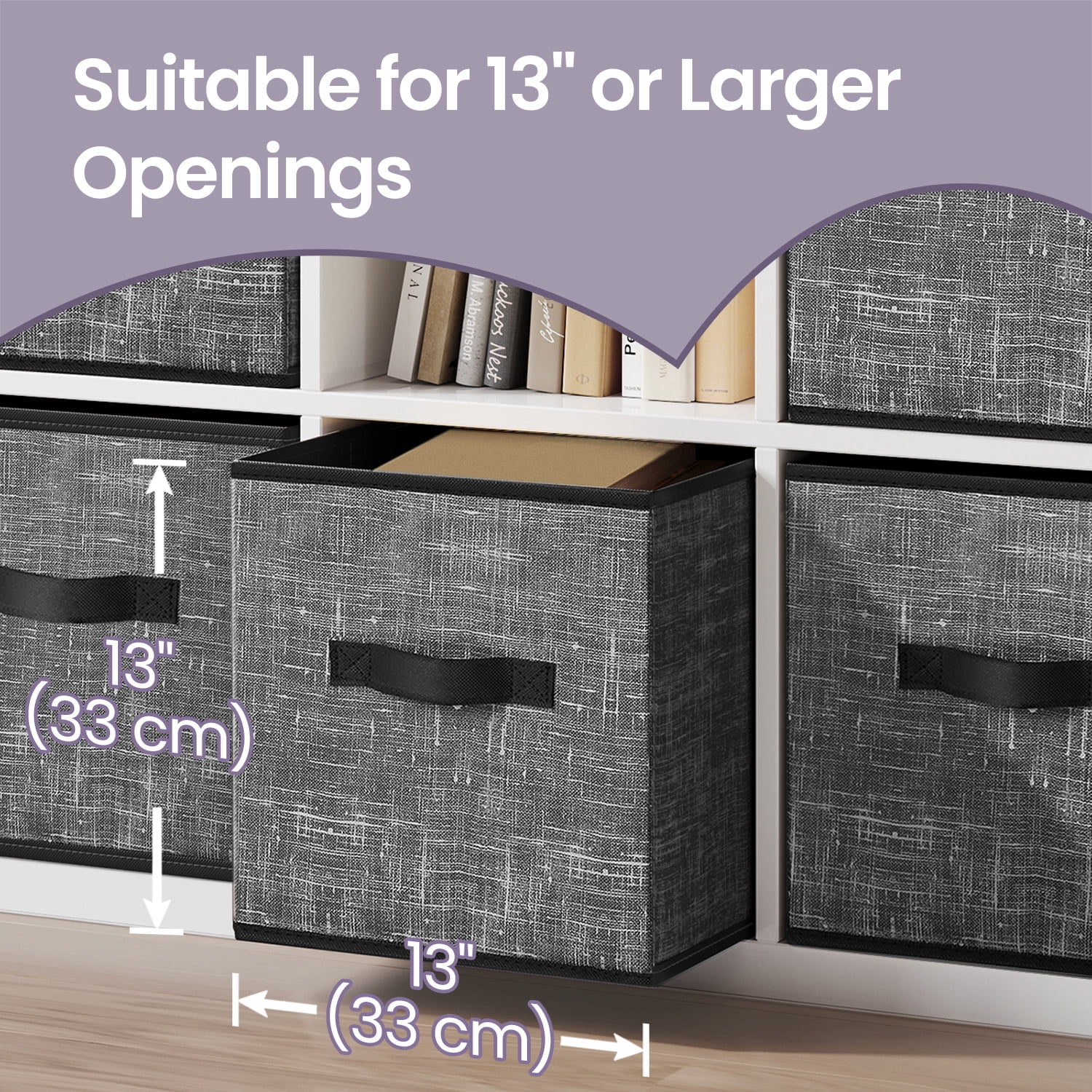 LEDREM 13" Storage Cube Organizer - 6-Pack Foldable Fabric Bins with Handles, Shelving System for Clothes, Toys, Compatible, Classic Black