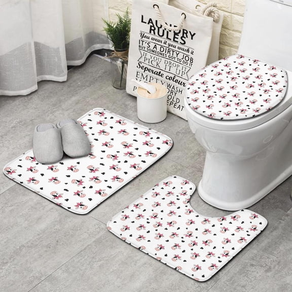 White Cow Black Spot Bow Pattern Bathroom Rugs Sets 3 Piece,Toilet Cover Set,Absorbent Non Slip Bathroom Mats Sets with U-Shaped Contour Rug Toilet Rug Set