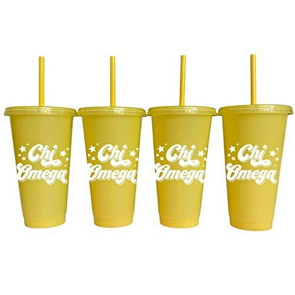 Sorority Shop Chi Omega Glitter Color Changing Cups, 4-Pack Reusable Cups with Lids and Straws