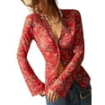 thumbnail image 2 of Women'S Long Sleeve Shirts Boho Floral Print Blouses Button Down V Neck Fitted Tops Red XL, 2 of 8