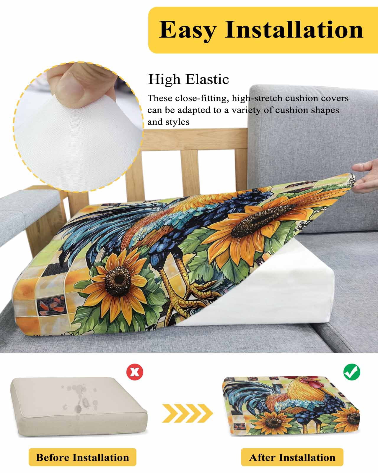 Retro Rooster Sofa Couch Cushion Covers Washable, Removable Stretchable Sectional Couch Covers, Yellow Sunflower Watercolor Animals Plaid Slipcovers for L & T Shape Sofa Protector S Size 1 pc