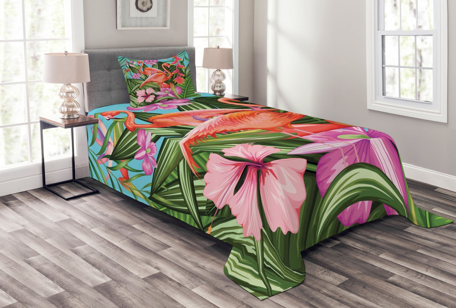 Quilted Coverlet Bedspread Flamingo with Tropical Palm Tree Garden Hibiscus Flower Plant Soft Cozy Microfiber Throw Blanket for Bed Couch or Sofa 64 X 88
