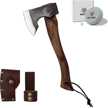 Camping Hatchet 13.5", 1065 Carbon Steel Beech Handle with Leather Sheath, WICING Compact Axe for Chopping & Outdoor Survival