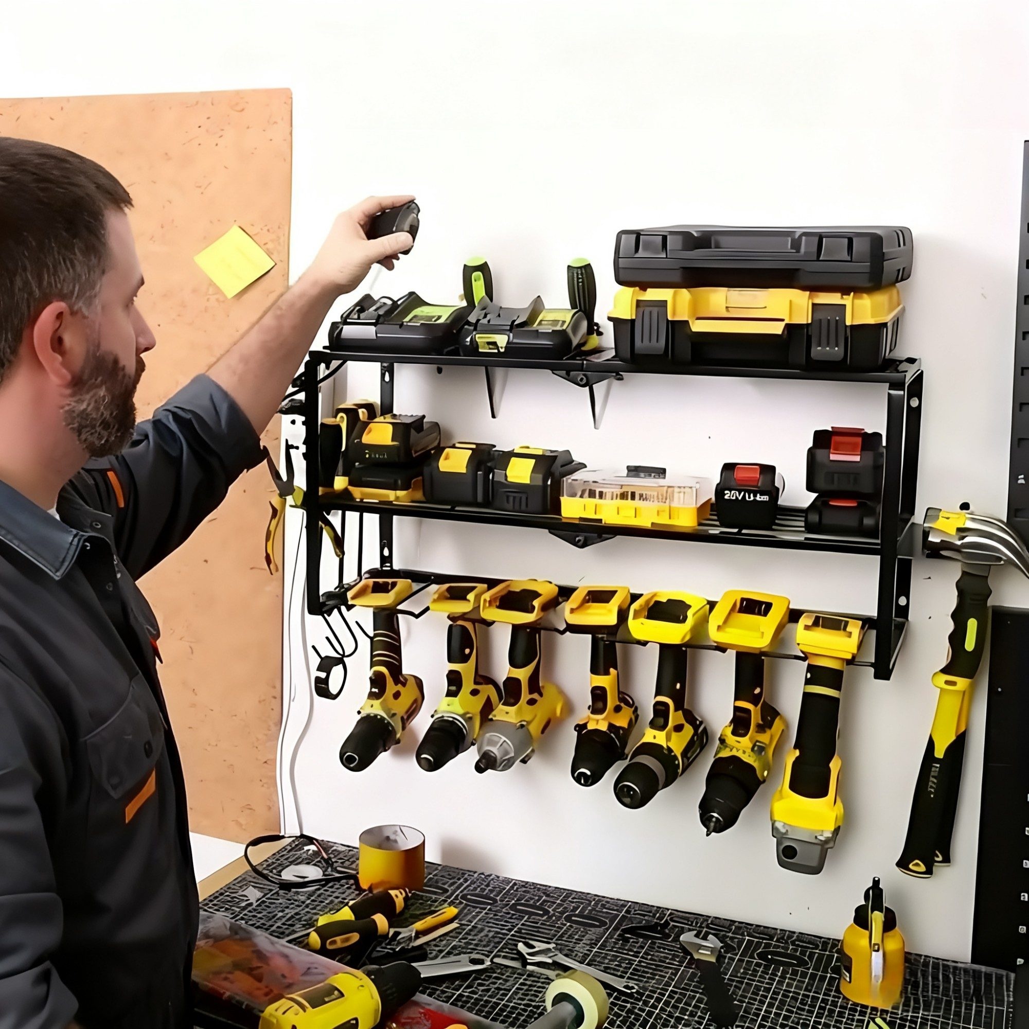 150LB Heavy Duty Wall Mount Drill Holder - 3 Tier Metal Organizer w/7 Hooks - Holds 5 Drills & Accessories - Space Saving Garage Storage