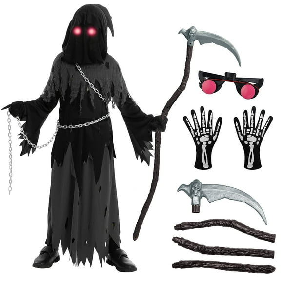 Joyfy Grim Reaper Halloween Costume with Glowing Eyes for Kids, Boys Scary Dress-Up Outfit Phantom Costume, L