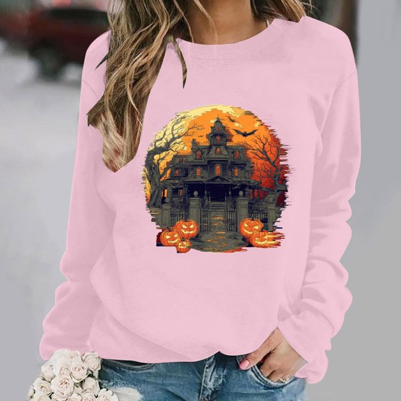 Halloween Sweatshirts Women Ghost Graphic Pullover Shirt | Halloween Witch Pumpkin Bat Crewneck Sweater