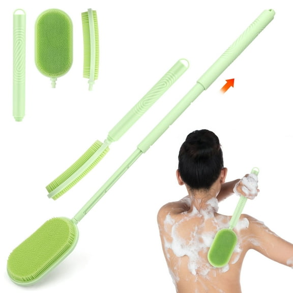 EEEkit Back Scrubber for Shower, 27.6'' Telescopic Silicone Back Bath Brush, Extra Long Handle Dual-Sided Shower Brush for Men, Women, Elderly, Green