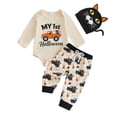 thumbnail image 2 of CUZIBR Baby Boys My First Halloween Outfit 3Pcs Set Long Sleeve Truck Cat Print Bodysuit Matching Allover Print Jogger Pants Cute Cat Ear Hat Toddler For Photoshoot Party,Beige,9-12 Months, 2 of 6