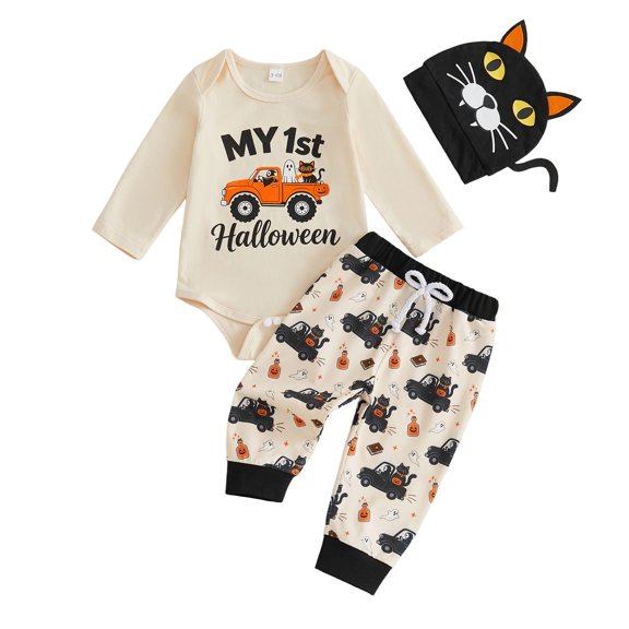 Rggeeun Halloween Girls Sets Baby Bodysuit Baggy Sweatpants & Hat Graphic Matching Sets Holiday Fashion,Beige,3-6 Months