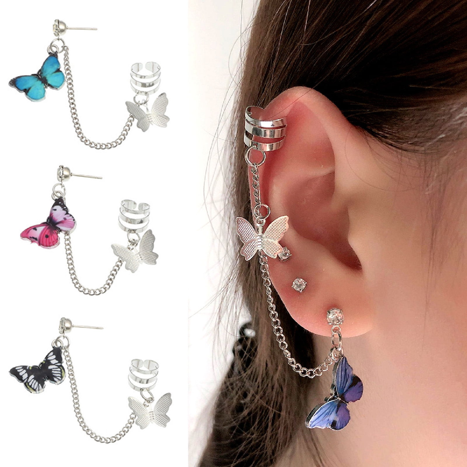 Ear Charms Delicate Leaf Flower and CZ Rhodium on Silver Long Wave Ear Cuff Earring Wraps