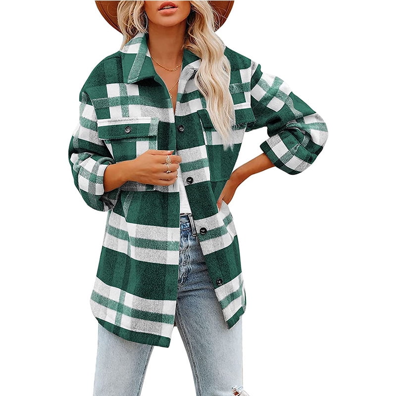 Womens Flannel Plaid Shirt Jacket Button Down Long Sleeve Shacket Coat Fall Warm Outwear Clothes