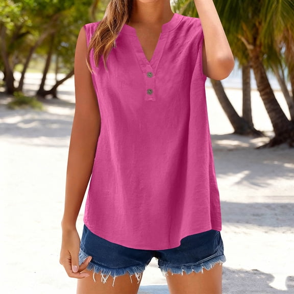 WHLBF Tank Tops for Women Sleeveless Cotton Linen Solid Button Shirt Female-Neck Loose T-shirt Hot Pink XL