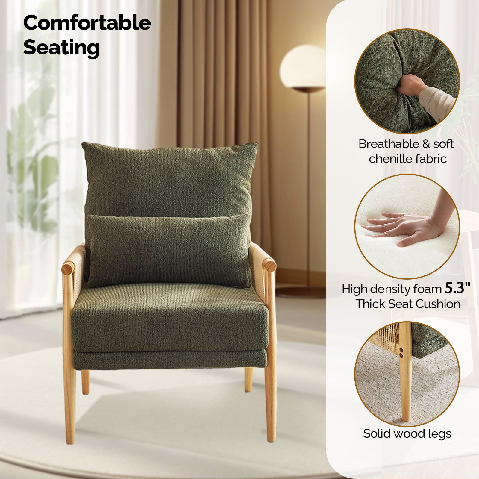 Ktaxon Accent Chair, Solid Wood and Jute Rope Armrests Armchair, Single sofa with Lumbar Pillow for Living Room Bedroom Office Dark Green