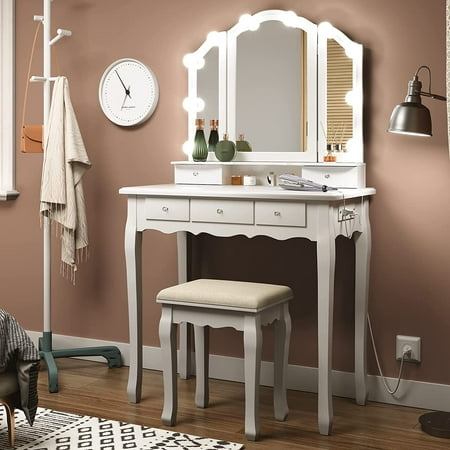 Tiptiper White Vanity Table Set with Tri-Fold Lighted Mirror and Outlets, Makeup Desk with USB Ports Necklace Hooks