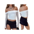 thumbnail image 6 of Womenacute;s Slim Cropped Tops Solid Color Mesh Long Sleeve Off Shoulder Show Navel T-shirt Clubwear for Spring Summer, 6 of 7