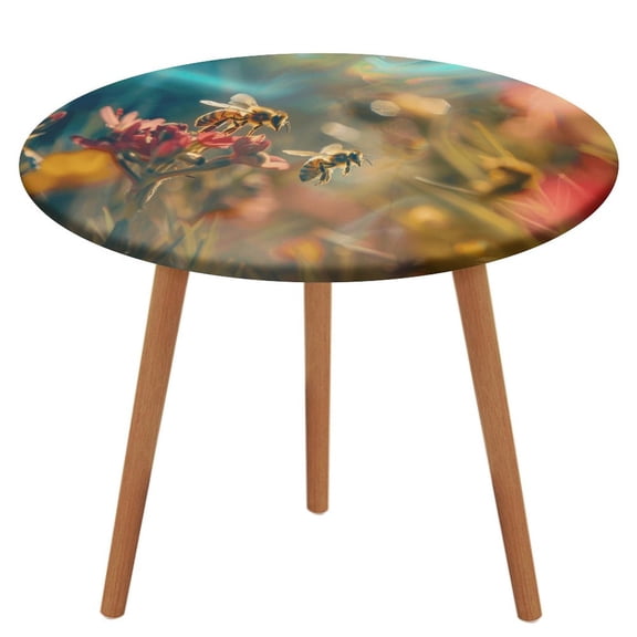 Bees Collect Honey Round Fitted Tablecloth with Elastic Edge Outdoor Tablecloth Washable Round Table Cover Reusable Tablecloths for Kitchen Picnic Party Fits 40-54" Diameternd Tables