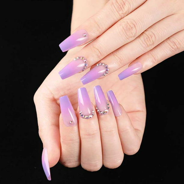 Purple with Rhinestones Acrylic Nails Fake Nails Coffin Shape Nail Art - Purple with Rhinestones Acrylic Nails Fake Nails Coffin Shape Nail Art -