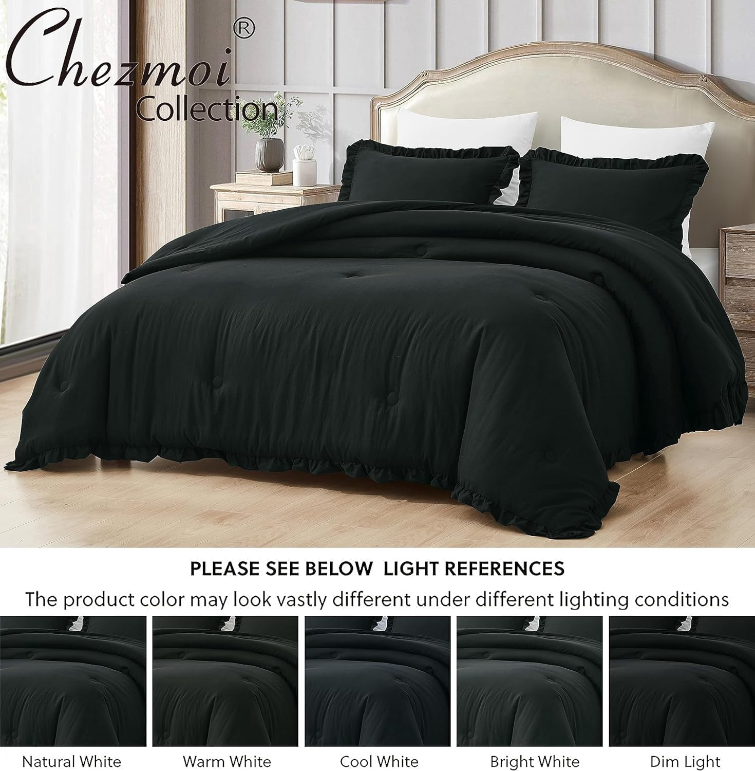 Chezmoi Collection Nora 3-Piece Black Ruffled Edge Trim Microfiber Comforter Set, Oversized King Size