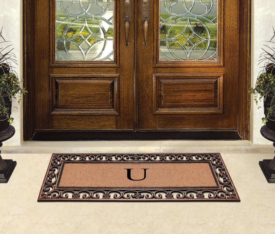 A1 Home Collections Natural Coir and Rubber Paisley Monogrammed Heavy Duty Front Porch Entry Doormat, Bronze, 48 in x 18 in