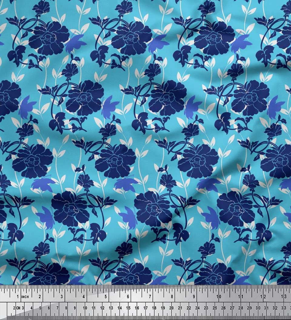 Soimoi Blue Velvet Fabric Leaves,Insect & Floral Artistic Print Sewing Fabric BTY 58 Inch Wide