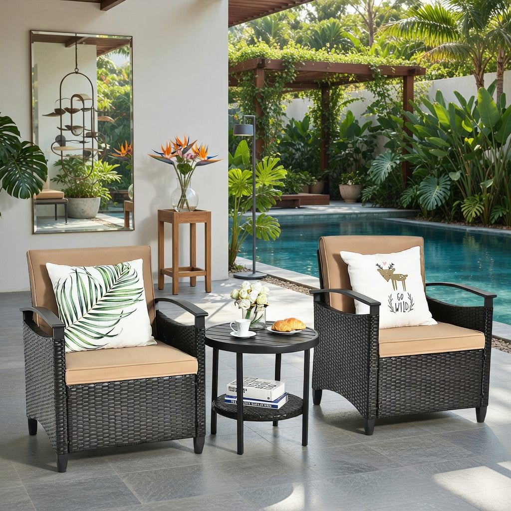 Hommoo 3-Piece Outdoor Rattan Patio Furniture Set, 2 Seater Sofas with Cushions + Storage Coffee Table with Shelf, Weather-Resistant Wicker Garden & Backyard Set, Brown and Black