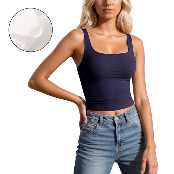 Women Camisole Tops Navy Camisole with Built in Bras Wide Strap Cami Tank Tops Tank Undershirts for Women