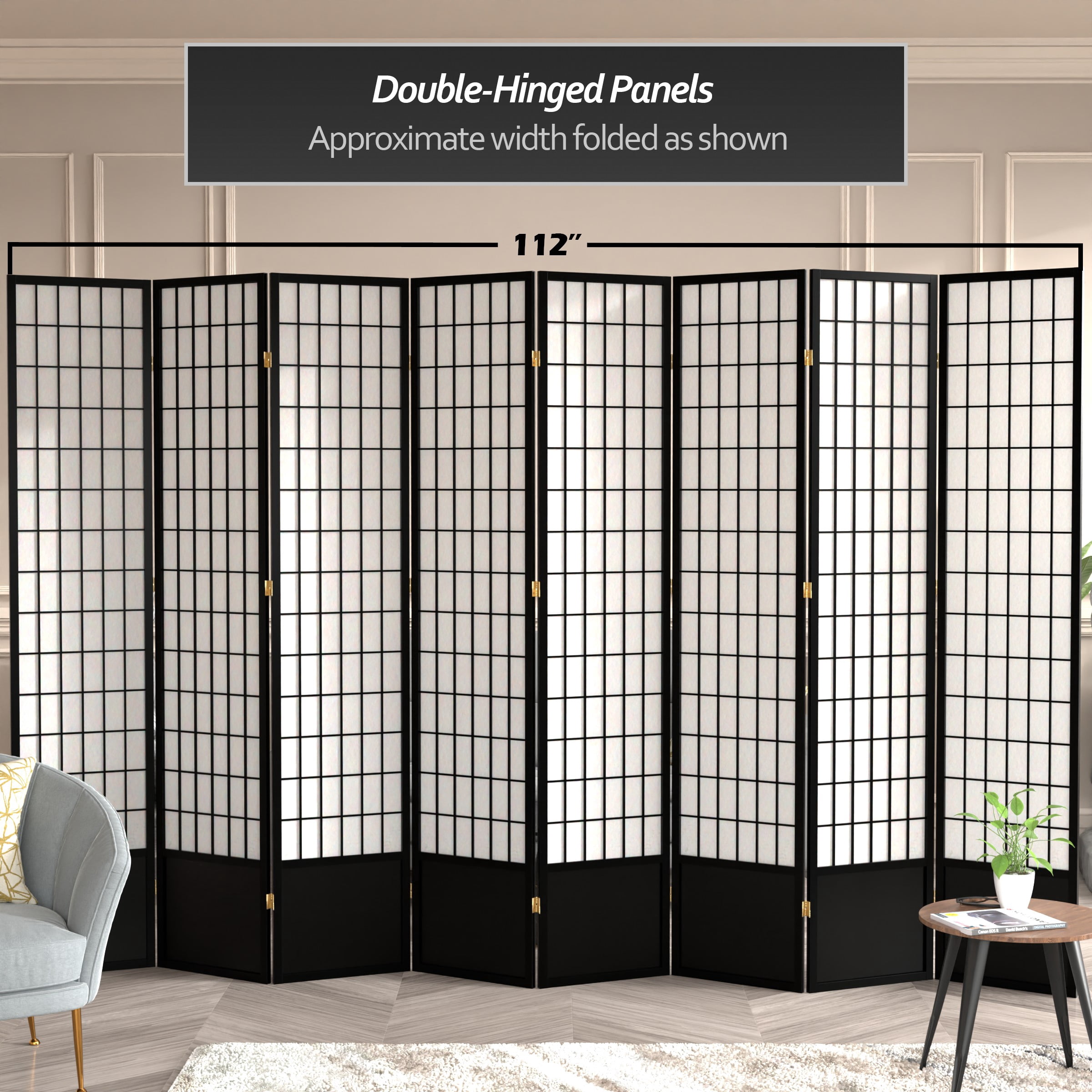 Red Lantern 7 ft. Tall Window Pane Shoji Screen - Black - 8 Panels