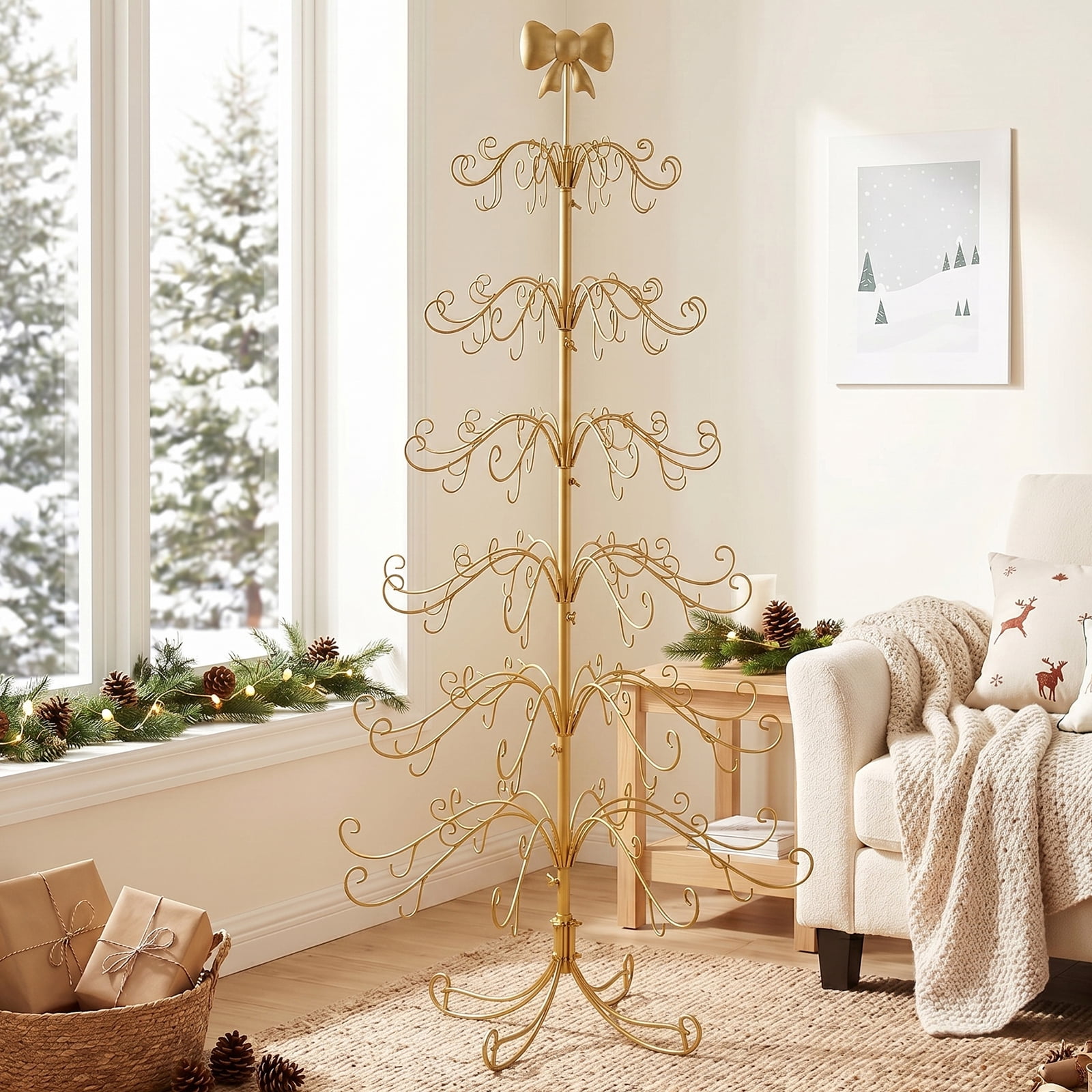 6ft Gold Iron Christmas Tree with Bow on Top, PVC Christmas Tree (No Accessories Included)