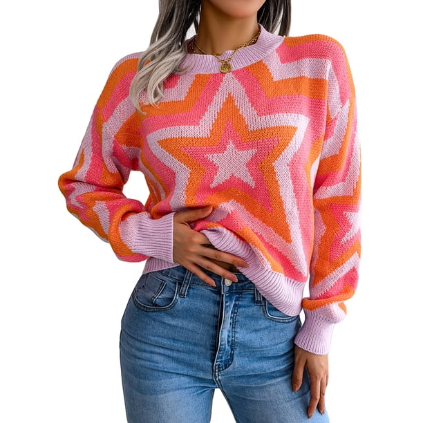 TRKIYQC, suéter salvaje a la moda para mujer, patrón de estrellas de Color en contraste, cuello redondo, Tops de punto de manga larga, jerséis informales de Otoño Invierno TRKIYQC moda