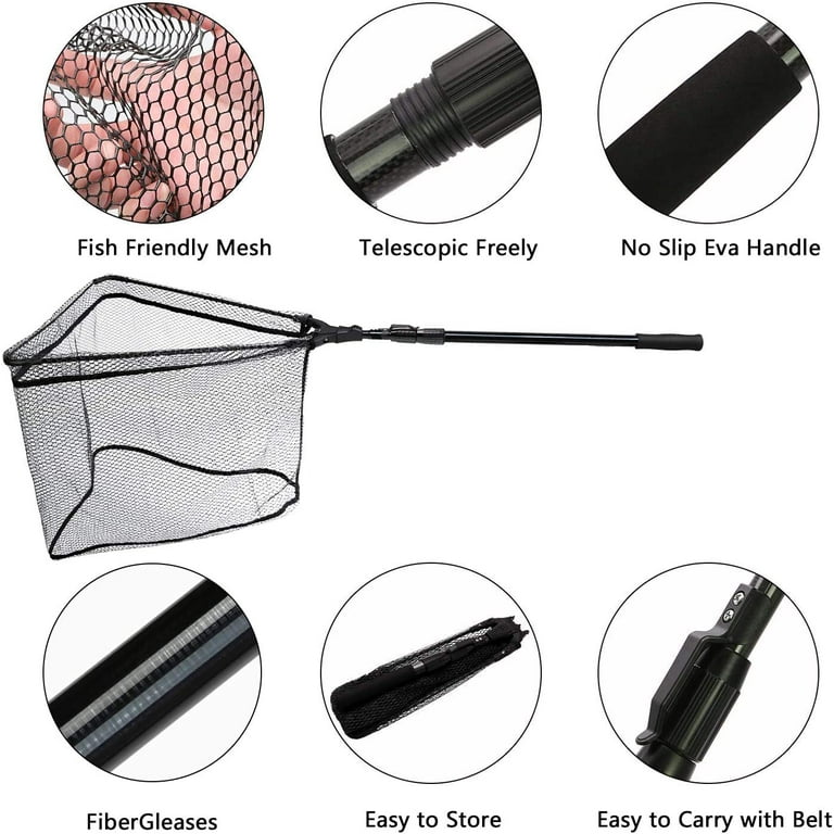 San Like Fishing Net Folding Landing Nets Telescopic Sturdy Pole Handle Rubber Coated Net Extending to 98in for Saltwater