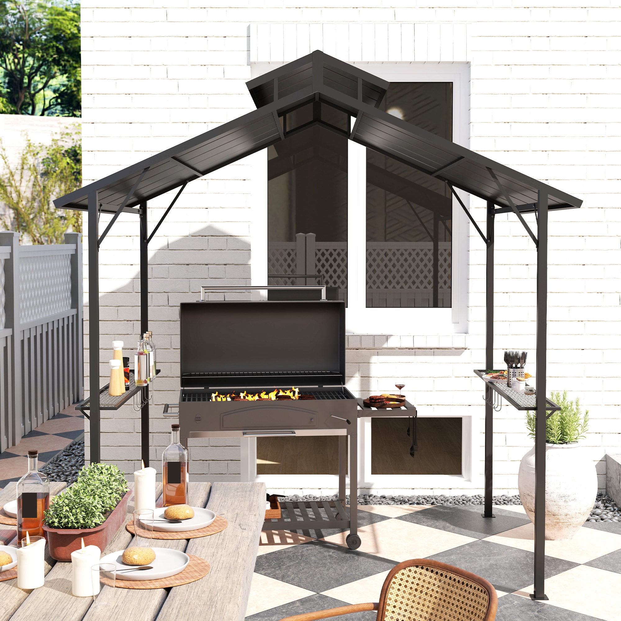 Outsunny 8 x 5ft Hardtop Grill Gazebo, Outdoor BBQ Gazebo with Double Metal Roof, 2 Side Shelves and 10 Hooks for Patio Backyard Lawn Deck