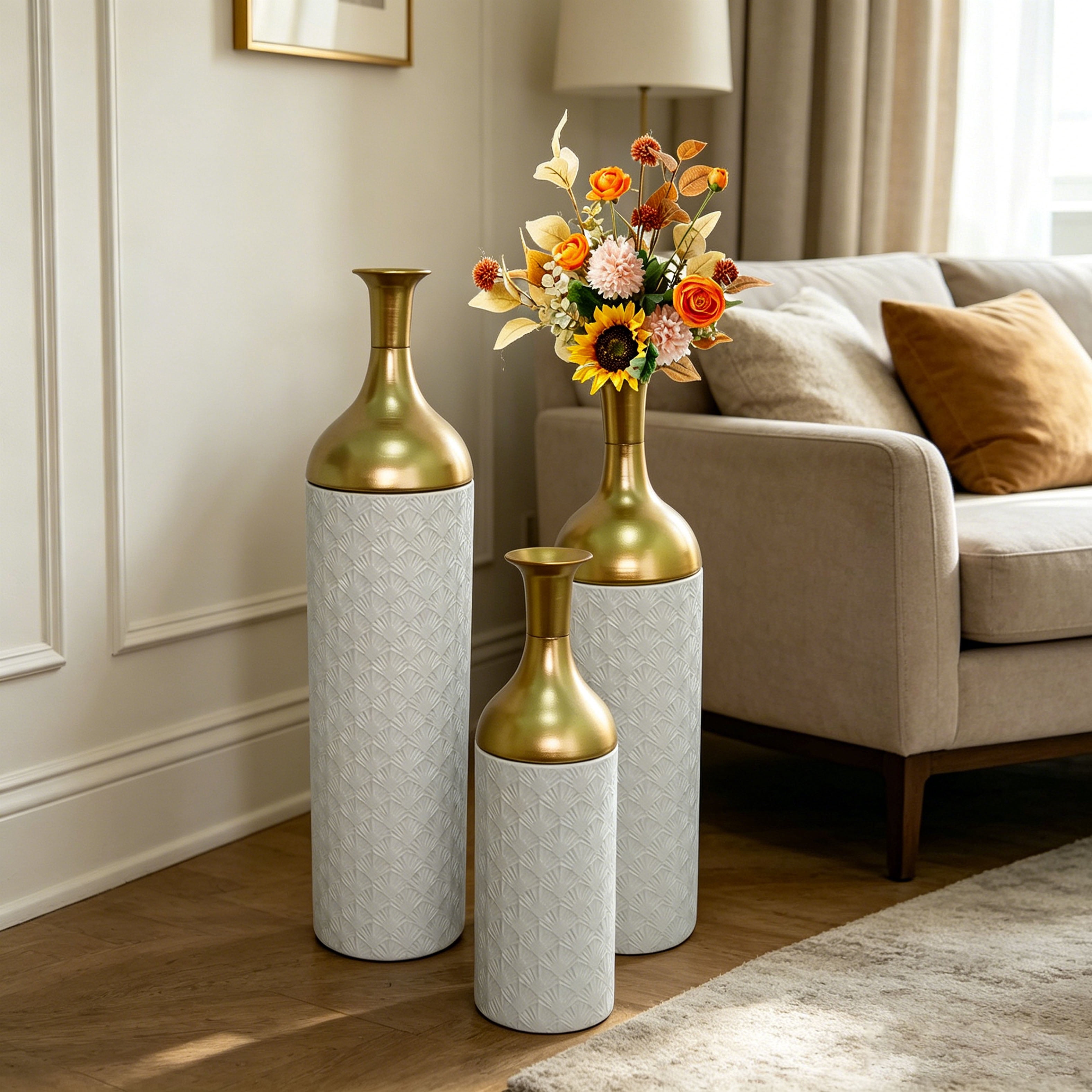 Metal Floor Vases Set of 3 with Leaf Pattern, Tall Decorative Vases and Home Decor Accents for Living Room Entryway, White and Gold