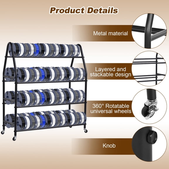 Hemousy 3D Printer Filament Storage Rack 43.3x37in with 100-Spool Capacity & Lockable Casters