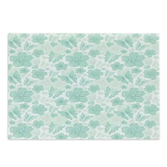 Turquoise Cutting Board, Flowers Butterflies Leaves Pattern Springtime Romantic Design Nature, Decorative Tempered Glass Cutting and Serving Board, Large Size, Turquoise Seafoam Pearl, by Ambesonne