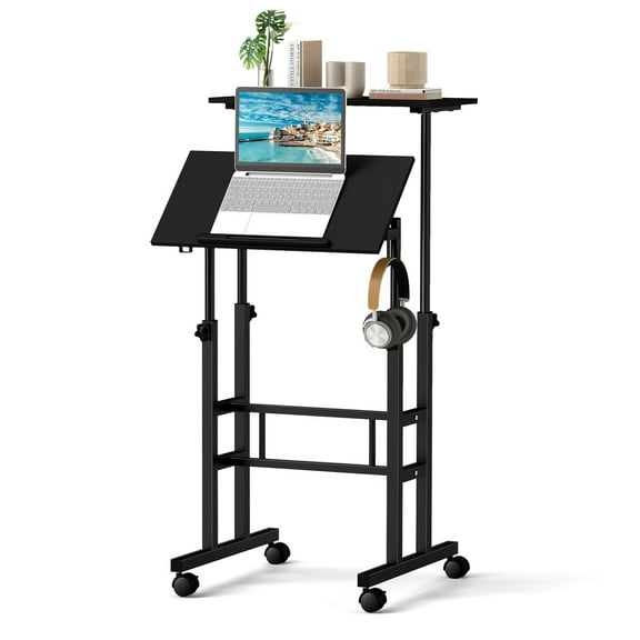 Costway Mobile Standing Desk Rolling Adjustable Laptop Cart Home Office Black