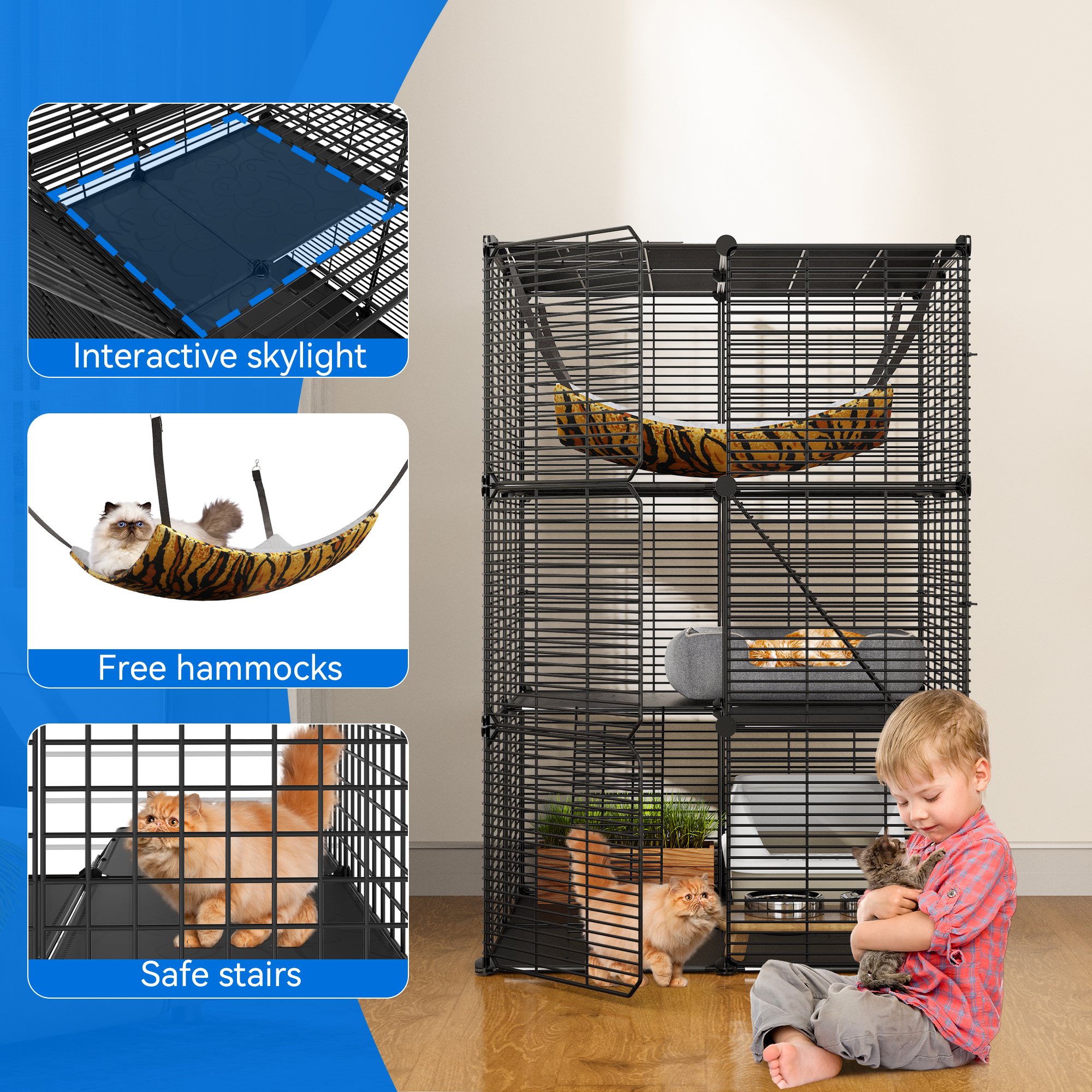 Dextrus Indoor Cat Cage with Extra Large Hammock for 1-2 Cats - DIY Cat Enclosure with Extra Large Hammock for Multiple Small Animals Cats, Ferret, Chinchilla, Rabbit,(28"L x 28"W x 41"H,Black) - image 2 of 5
