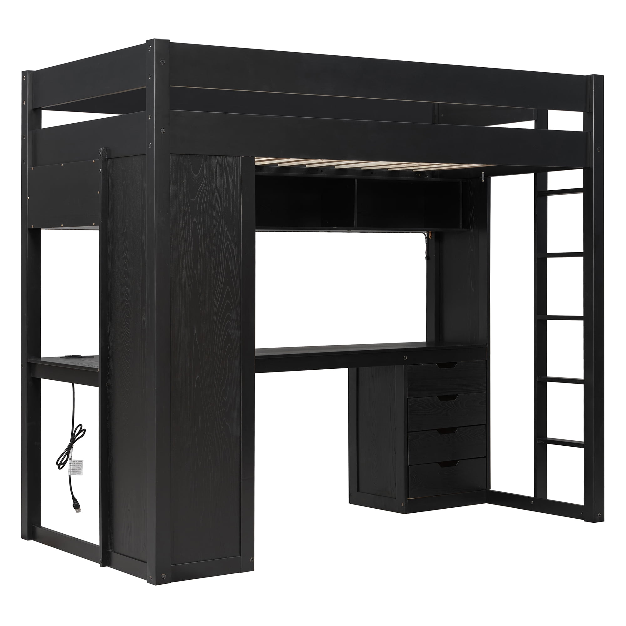Mintazer Twin Loft Bed with L-Shaped Desk & Smart LED Lights and Charge Station, Modern Loft Bed with 4 Storage Drawers & Shelves, Black
