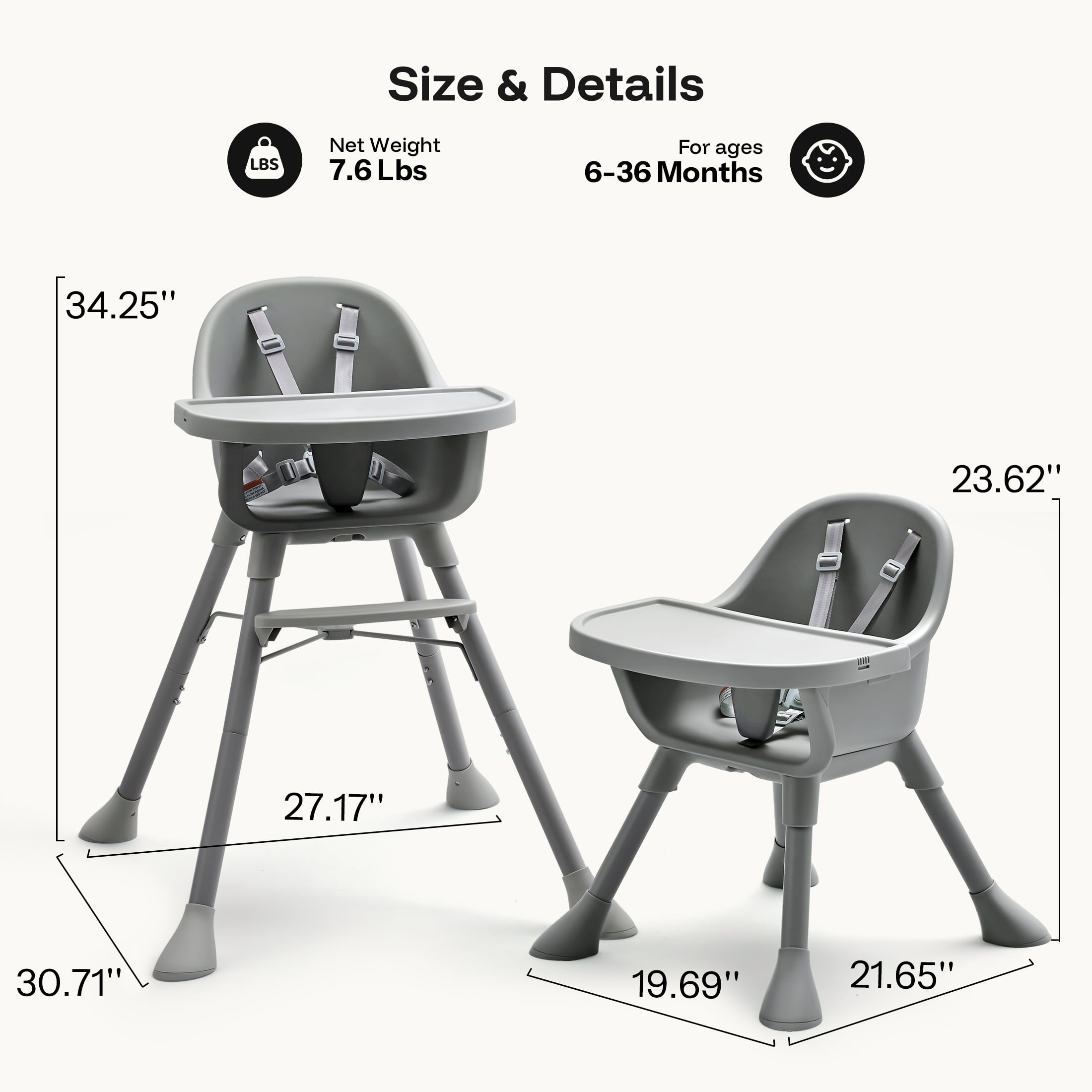 HARPPA 3-in-1 Convertible Baby High Chair,Feeding Chair for Toddlers, Gray