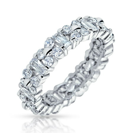 Geometric Cubic Zirconia AAA CZ Eternity Alternating Baguette Anniversary Wedding Band Ring For Women Sterling