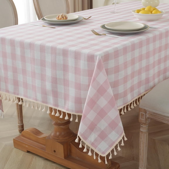Gingham Plaid Tablecloth with Tassel Trim, Cotton Linen Blend Farmhouse Style Rectangle Table Cover, Wrinkle Resistant Soft Table Cloth for Kitchen Dining Party Picnic, Indoor Outdoor Use