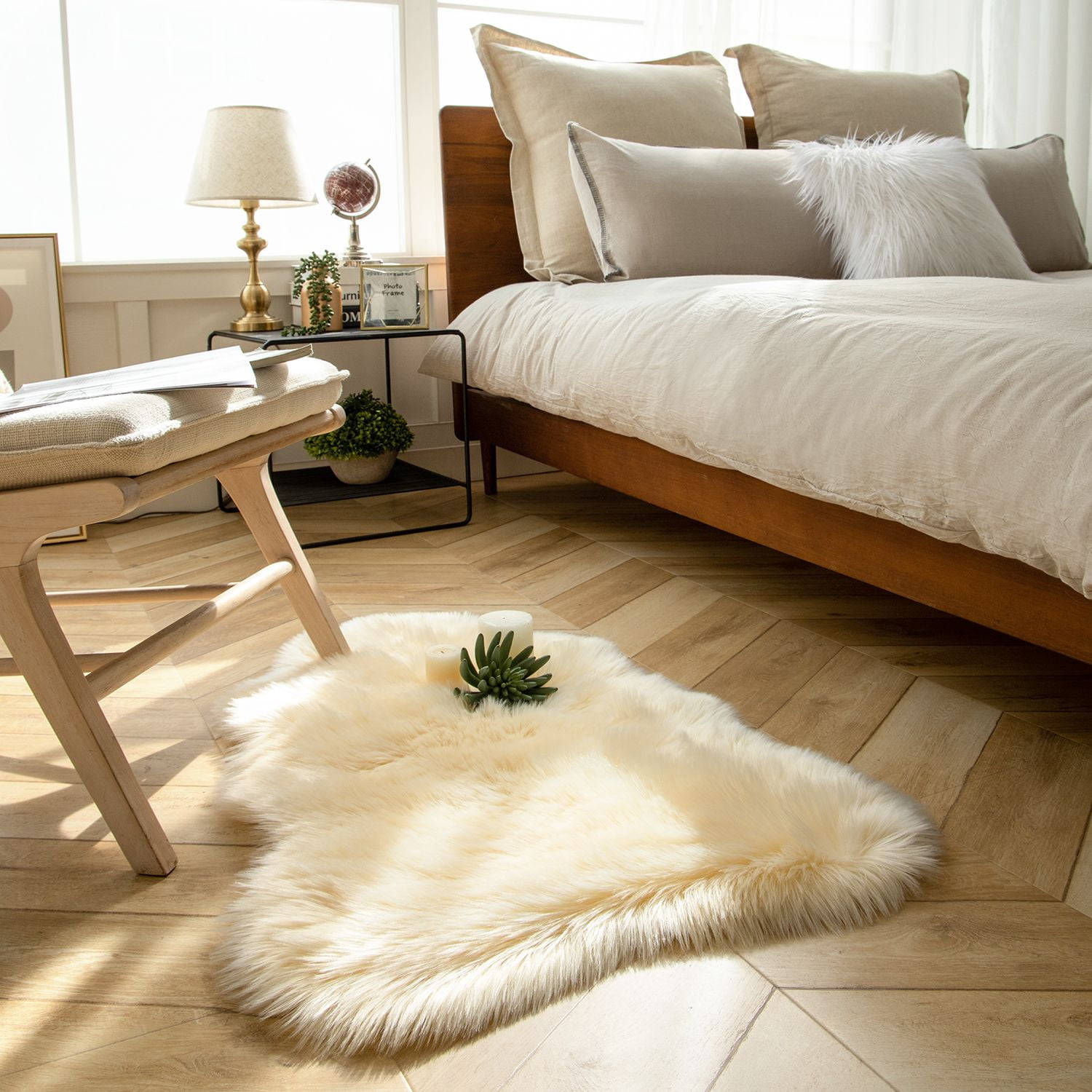 Phantoscope Faux Fur Area Rug, Fluffy Yellow Shag Carpet, Ultra Soft Machine Washable Indoor Area Rug, 2' x 3', Irregular Sheepskin Shape for Living Room, Bedroom, Nursery & Kids Room