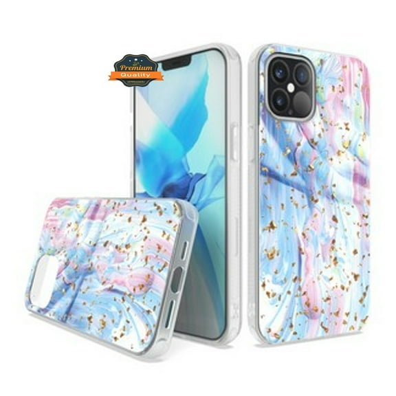 For Apple iPhone 13 Mini (5.4") Stylish Designed Glitter Bling Hybrid Slim PC TPU Rubber Shock-Absorption Hard Phone Case Cover by Xpression [Blue Pink Marble]