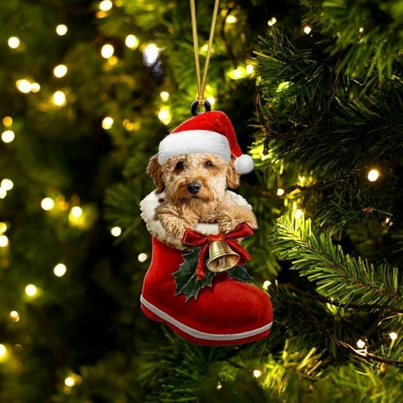 Acrylic 2D FLAT Goldendoodle In Santa Boot Christmas Hanging Ornament